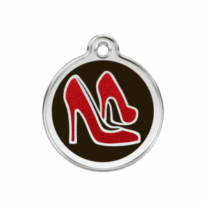Vue avant - Médaille personnalisée pour chien ou chat Red Dingo Émail pailleté et acier inoxydable - Chaussure rouge - Taille M