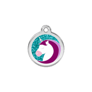 Vue avant - Médaille personnalisée pour chat ou chien Red Dingo Émail pailleté Licorne Aqua 20.00mm