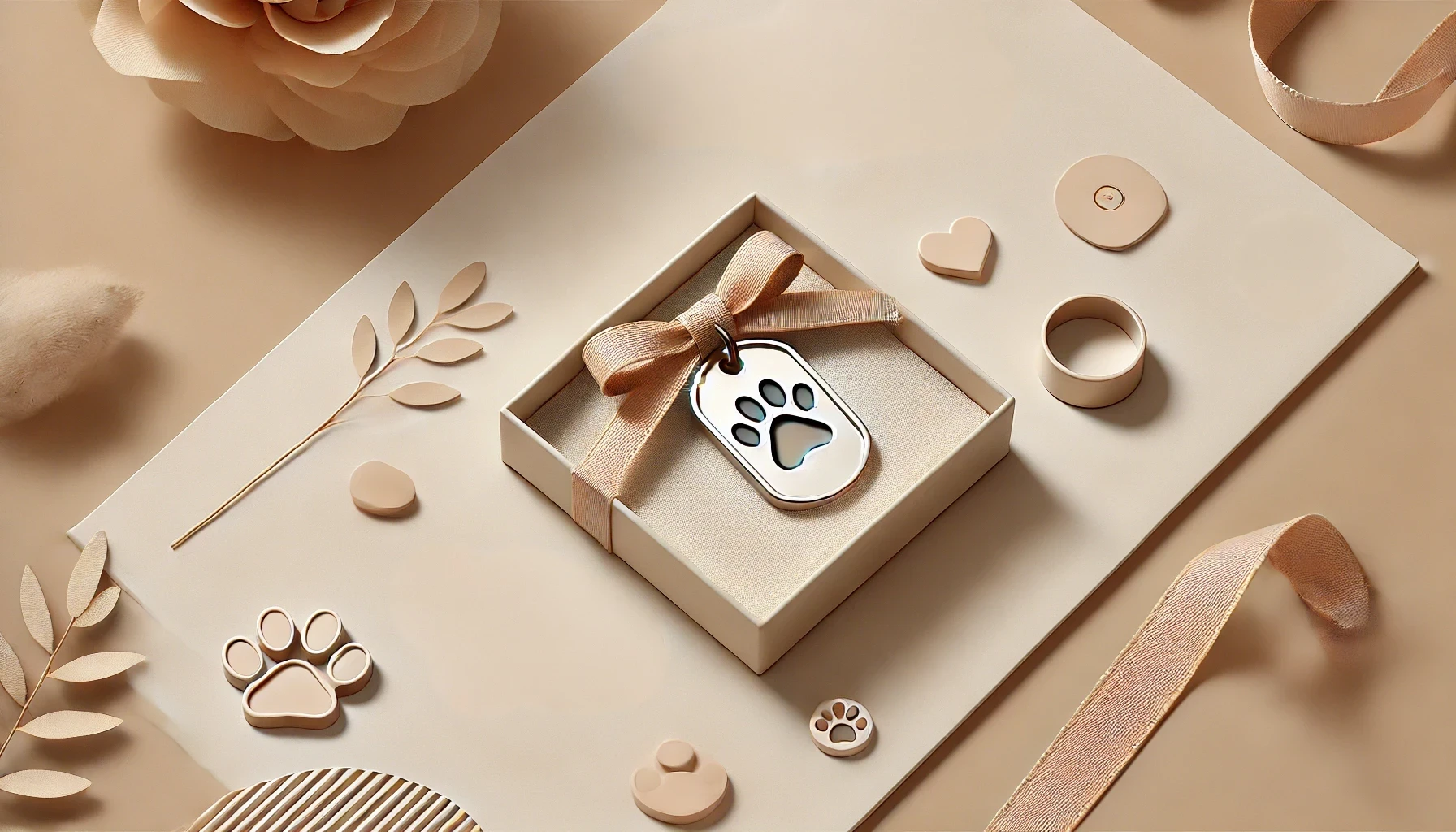 DALL·E-2024-09-08-18.31.35-A-minimalist-and-modern-blog-header-image-featuring-a-pet-tag-beautifully-presented-in-a-small-gift-box-with-a-ribbon-symbolizing-a-thoughtful-pract