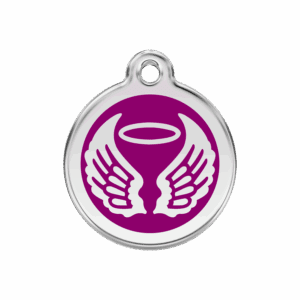 Vue avant - Médaille personnalisée pour chien Red Dingo Émail et acier inoxydable - Ailes d'anges - Violet - Taille M