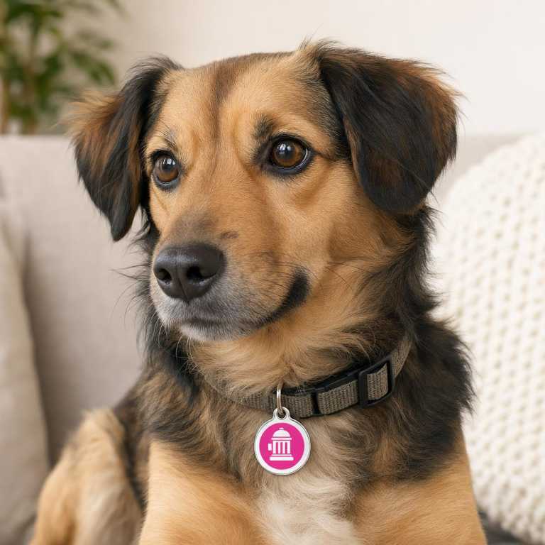 Médaille chien Bouche d'incendie Rose vif Taille M portée par un animal, avec une échelle réaliste.