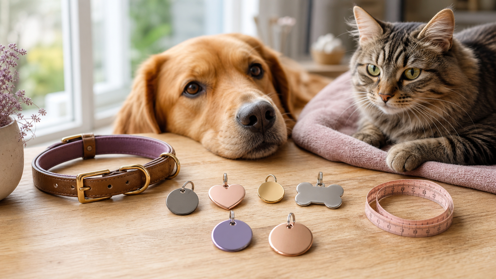 Chien et chat près de médailles pour animaux de formes et couleurs variées