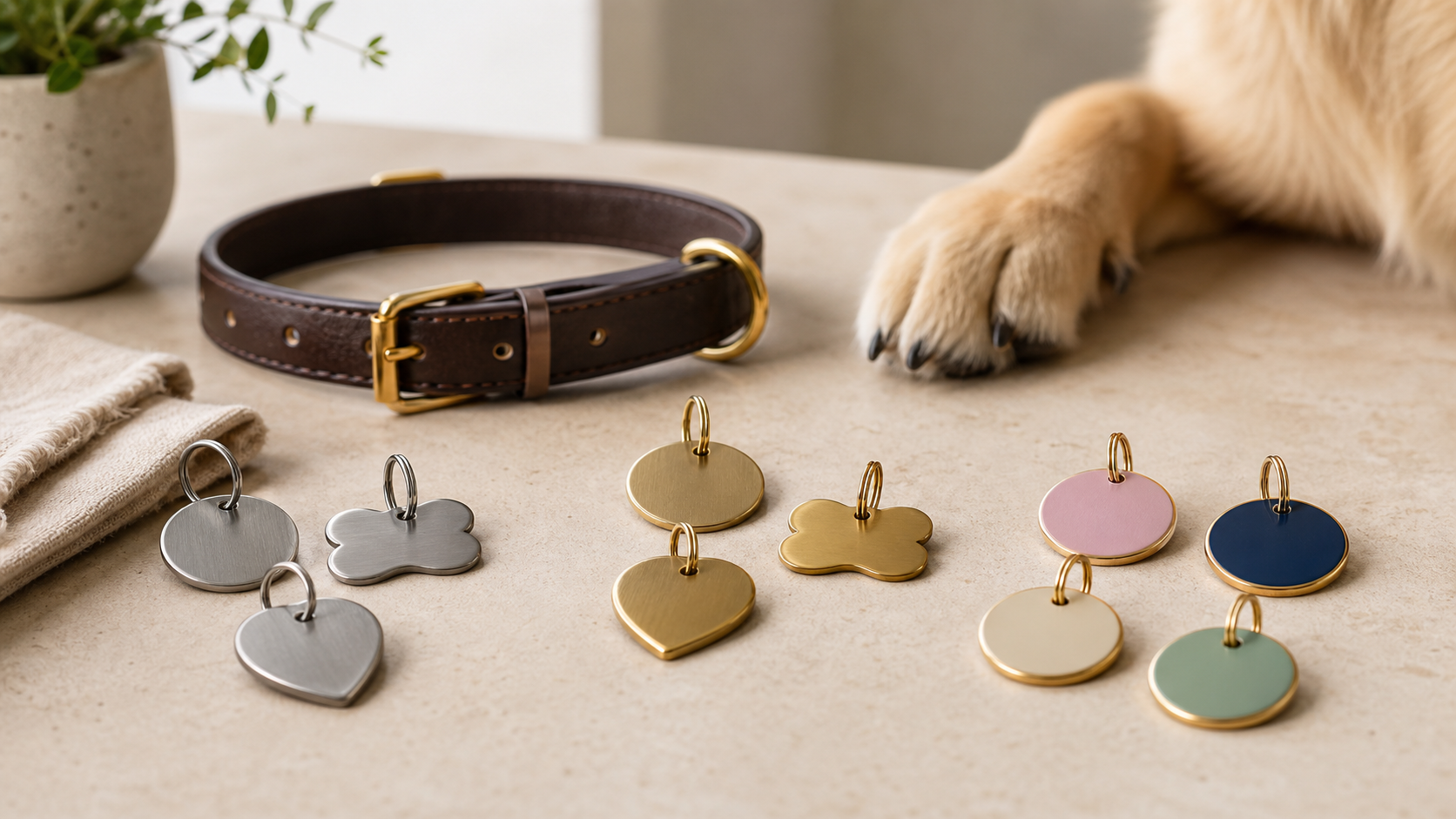 Médailles pour animaux en métal et émail posées près d’un collier en cuir